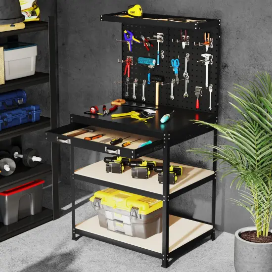 Tool Organizer Workbench with 20 Pieces Hanging Accessories Suitable for Home or Garage Use Black {1}