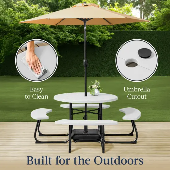 Best Choice Products 8-Person Circular Outdoor Picnic Table w/ 4 Benches, Umbrella Hole, 2000lb Capacity White {4}