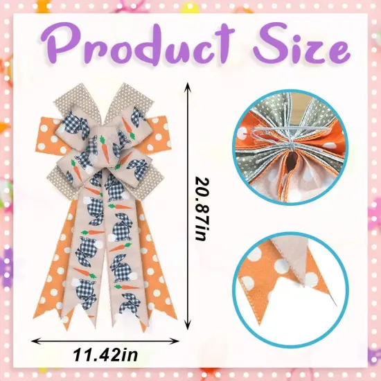 Large Easter Bunny Bows for Wreath, Happy Easter Wreath Bows Orange Natural Burlap Bows Rabbit Dots Holiday Tree Topper Bows for Front Door Spring Easter Decorations Party Supplies {2}
