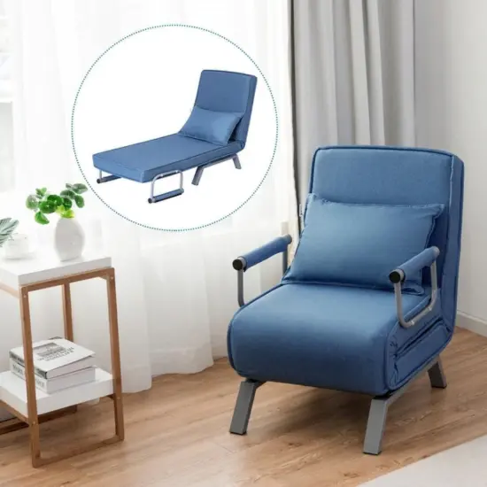 Folding Sofa Convertible Armchair Lounge Couch with Soft Back Cushion and 5 Back Reclining Angles Blue {2}