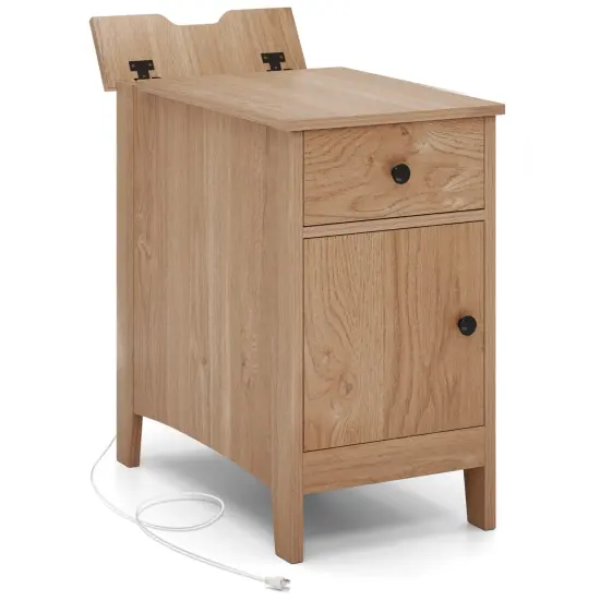 Flip Top Beside End Table with Charging Station Power Outlets and Pull-Out Drawer and Cabinet Natural {8}