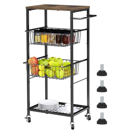 4-Tier Rolling Kitchen Organizer Cart with 2 Pull-Out Baskets & Rustic Wood Top &ndash; Industrial Metal Storage Shelf for Home, Bathroom, Laundry (80lb Capacity) {6}