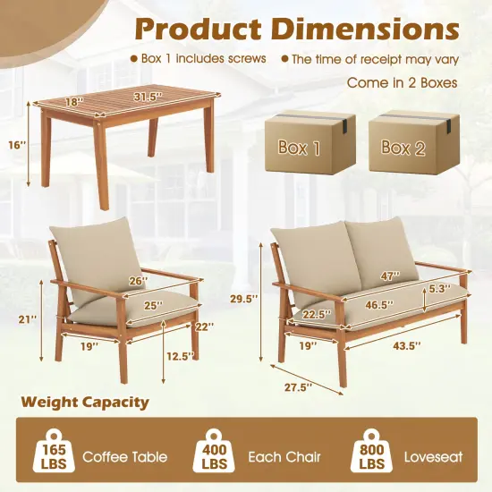 4 Pieces Wooden Outdoor Conversation Set with Soft Cushions and Rectangular Coffee Table {5}