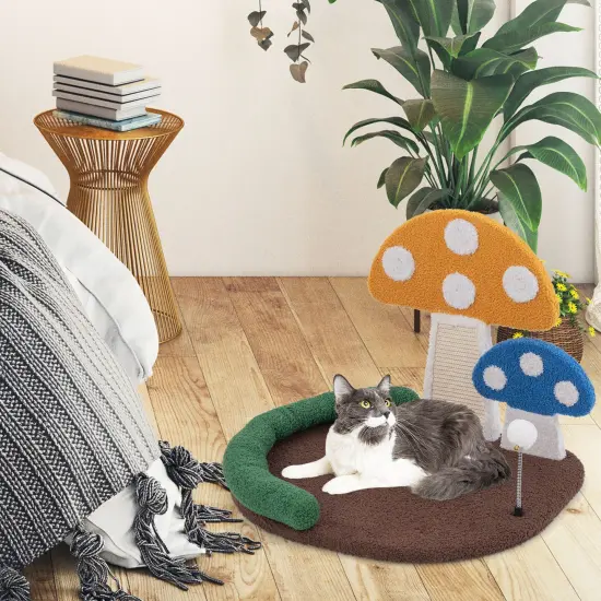 Brown Engineered Wood Mushroom Cat Bed with Scratch Board and Toy {2}