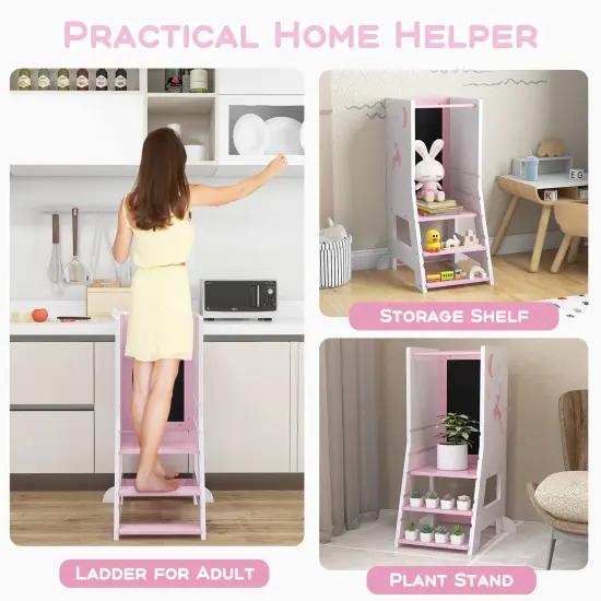 3 in 1 Multi-functional Design Kids Kitchen Standing Stool Tower with Chalkboard and Whiteboard Pink {6}