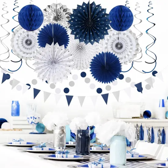 Navy-Blue White-Silver Graduation Party-Decorations - 33pcs Kits Banner, Streamers Tassel Garland,Tissue Pom Poms Honeycomb, Paper Lantern Fans,Wedding Birthday Baby Shower Backdrop Decor Hugtmr {5}
