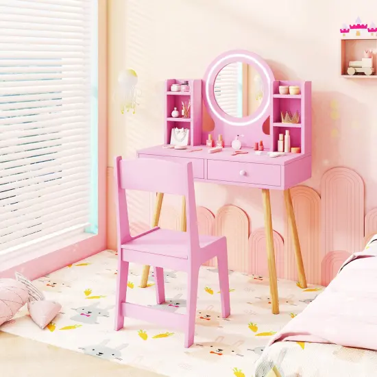 MDF and Pine Wood Kids Vanity Set with LED Mirror, Storage and Chair Pink {5}