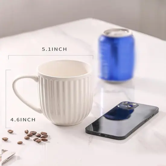 Ceramic Coffee Mugs Set of 4, 16 Oz Large Ribbed Coffee Cups with Big Handle, Unique Modern Style White Latte Mugs for Tea,Cocoa,Milk,Cappuccino, Microwave & Dishwasher Safe {2}