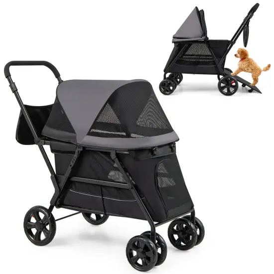 Black 600D Oxford Fabric Dog Stroller with Adjustable Ramp and All-Terrain Wheels {1}