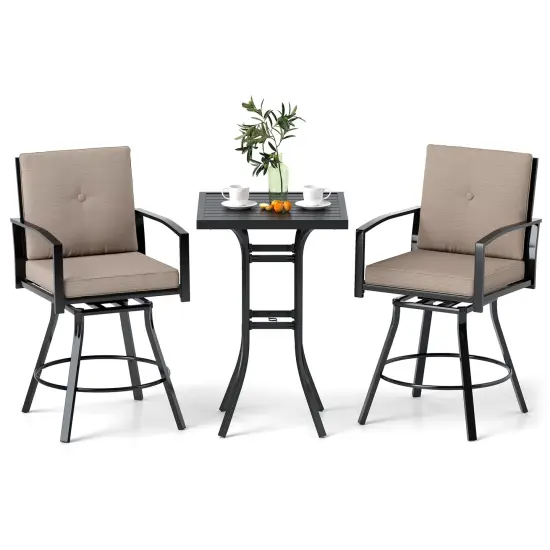 3 Pieces Patio Swivel Bar Set Included Square Table and 2 Stools With Metal Frame and Umbrella Hole {4}