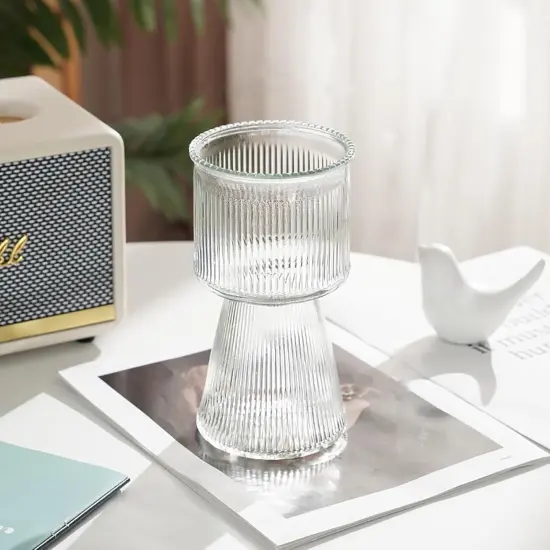 H7.5 inch Clear Vase, Ribbed Glass Vase Crystal Glass Flower,for Rustic Home Decor,Modern Farmhouse,Decorative Vases Flowers for,Ideal for Shelf,Table Entryway Decor {1}
