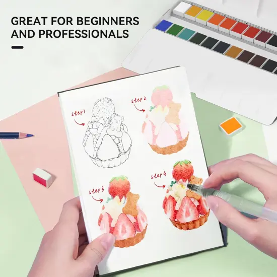 24 Colors Solid Watercolor Paint Set, Vibrant and Highly Pigmented Colors, Removable Pans and Built-in Palette, Portable Metal Case for Students, Beginners, and Outdoor Sketching {4}