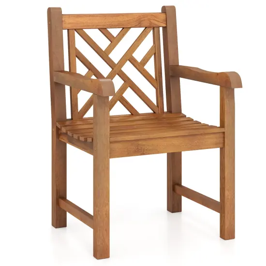 Teak Wood Patio Dining Chair with Cross Slatted Backrest and smooth Armrests {1}