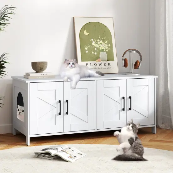 MDF Engineered Board Cat Litter Box Enclosure with Barn Door and Multi-Functional Design White {2}