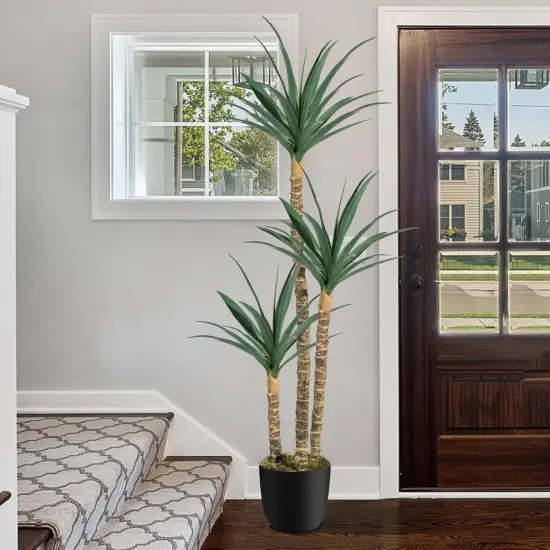 6FT Artificial Tree Faux Agave Plant Indoor, Tall Faux Plant with 3 Heads in Potted Silk Fake Tree for Home Living Rome Office Decor Housewarming Gifts {5}