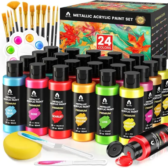 40 Pcs Metallic Acrylic Paint Set with 12 Brushes, 2 Knives & Palette - 24 Colors (2oz/60ml) for Adults, Kids, Artists & Beginners - Easter Basket Stuffers, Rock & Egg Painting Kit {1}