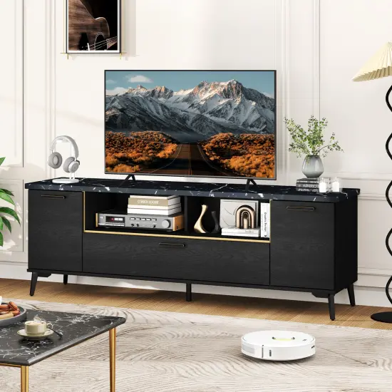 Black Faux Marble TV Stand with Gold Edges, Storage Cabinets and Adjustable Shelves {2}