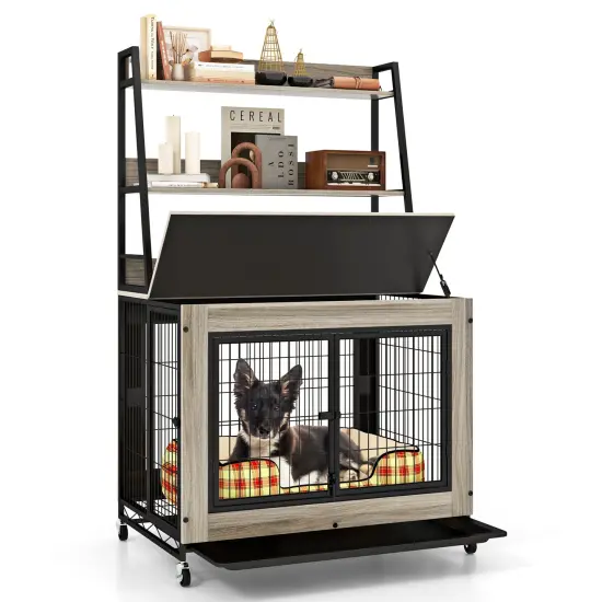 MDF Metal Dog Crate with Storage Shelves and Wheels and Flip-Top Gray {1}