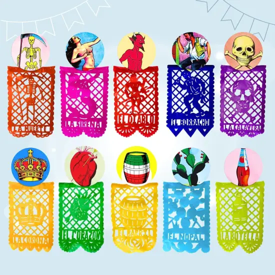 Mexican Party Banner Set (50-ft, PAPER) - Papel Picado with Mexican Bingo Card Designs - Party Decorations for Cinco de Mayo, Birthday Party Decor (4 strands x 12.5ft) - TexMex Fun Stuff {4}