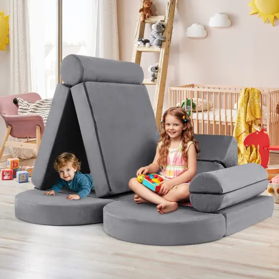 Velvet Suede 13-Piece Kids Modular Play Couch, Soft and Safe Design Gray {2}