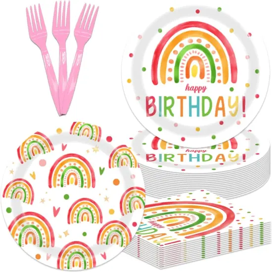 48Pcs Rainbow Birthday Decorations Colorful Boho Rainbow Tableware Set Disposable Plates Napkins Forks Serves 16 Bohemian Retro Rainbow Happy Birthday Party Decorations {1}