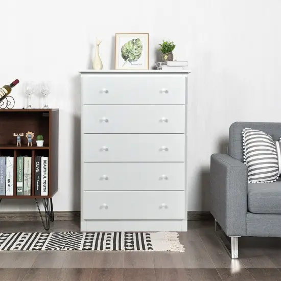 White 5-Drawer Storage Dresser with Anti-Tip Feature and Versatile Use {6}
