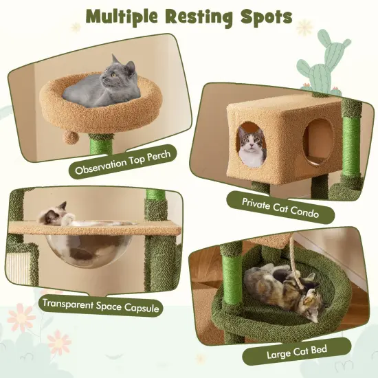 59 Inch Cactus-Shaped Cute Cat Tree Tower with 2 Perches and Multiple Sisal Scratching Posts {6}