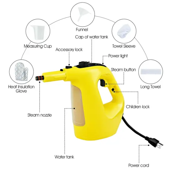 17 Pieces Multipurpose Pressurized Steam Cleaner with Transparent Water Tank Yellow {5}