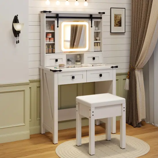 Makeup Vanity Desk with Mirror and Adjustable Storage Shelves-White {3}
