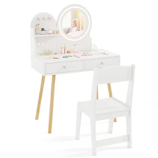 MDF and Pine Wood Kids Princess Dressing Desk with LED Mirror, Storage and Chair Pink {8}