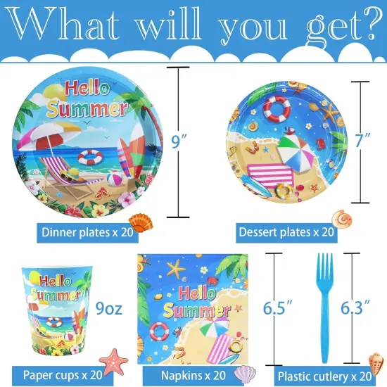 Beach Party Supplies Serves 20, Beach Party Decorations, Beach theme Plates and Napkins, Summer Pool Party Set, Summer themed Paper Tableware Set {3}