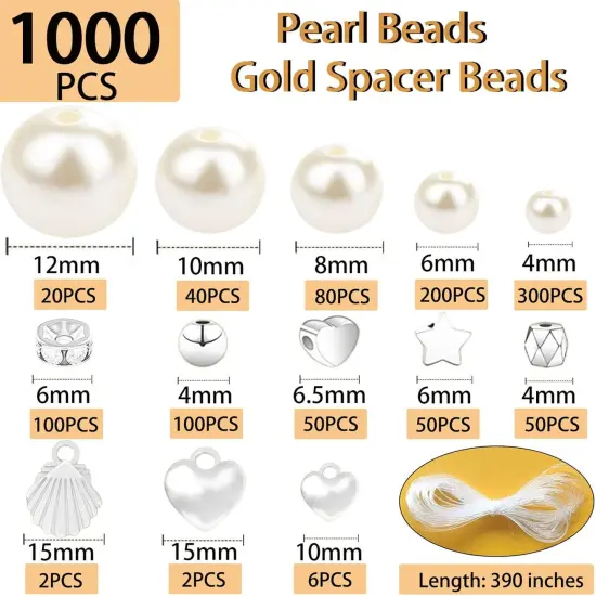 1000Pcs Pearl Beads for Bracelets Making, Pearl Beads for Jewelry Making for Adults, Silver Bracelet Beads DIY Kit, Silver Spacer Beads for Bracelets, Women Friendship Bracelet Making Kit (Silvery) {2}