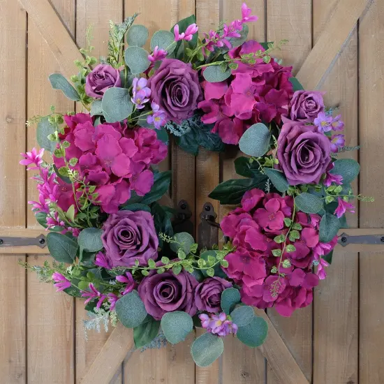 Artificial Purple Rose Wreath - 20 Inches Front Door Wreath with Hydrangea Leaves for Spring, Valentines, Mother's Day, Wedding & Home Decor {2}