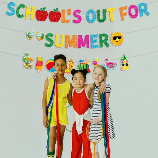 Glitter School&rsquo;s out for Summer Banner and Colorful Glittery Summer Patterns Banner End of School Year Garland Banner Summer Vacation Beach Pool Party Fireplace Mantle Decorations {4}