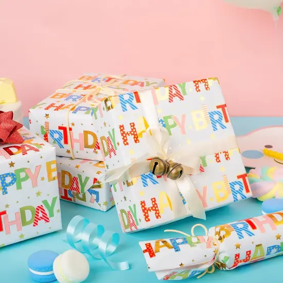 Colorful Wrapping Paper Roll, Happy Birthday Gift Wrap - 17 In X 32.8 Ft - 1 Roll (46.5 sq.ft.ttl.) Foil Happy Birthday Lettering & Candles Wrapping Paper for Birthday, Baby Shower, Party {4}