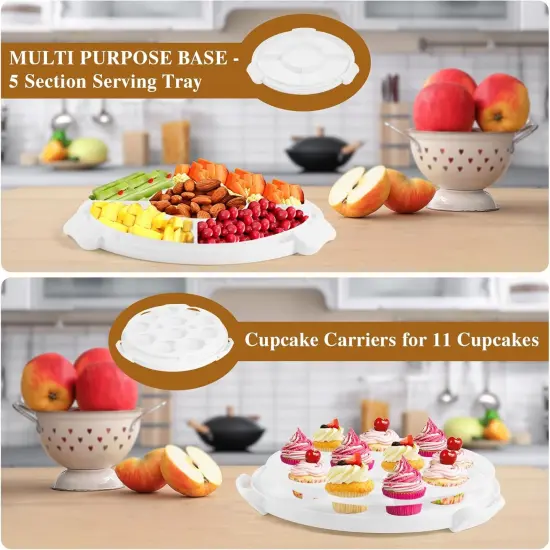 Cake Carrier with Lid and Handle, Multipurpose Cake Stand Fits 10 inch Cake, Cupcake Containers for 11 Cupcakes，Cake Holder Serves as Five Section Serving Tray, Portable Cake Carriers, White {3}