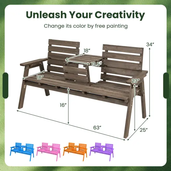 Coffee Wooden Outdoor Bench with Foldable Middle Table Ideal for 2-3 People {5}