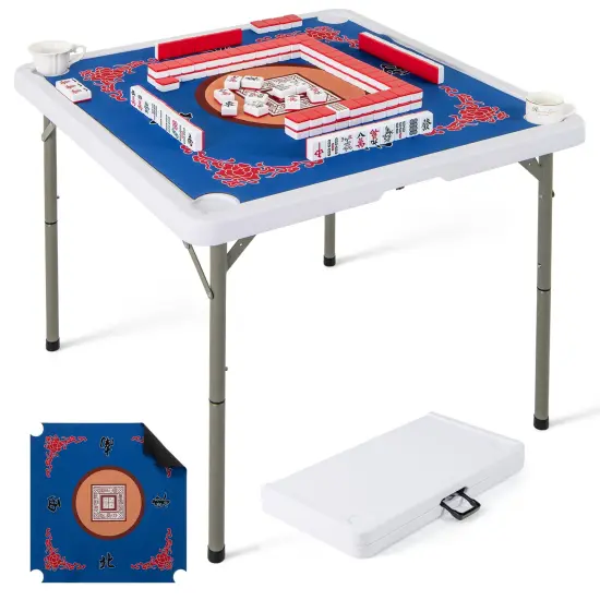Portable Folding Mahjong Table with Cup Holders and Game Mat Blue {4}