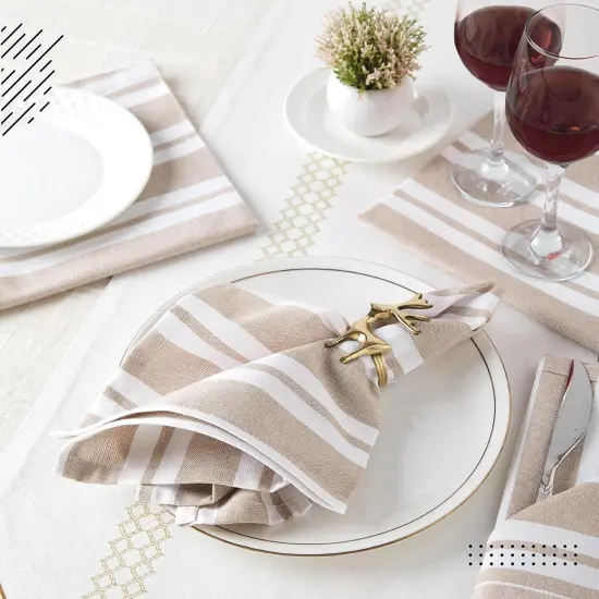 Dining Table Napkins 6 pcs Set of Large 17"x17" - Franca Beige Stripes - Heavy Eco-Friendly Cotton, Homespun Fabric, Machine Washable for Dinner, Party, Restaurant & Banquet {2}