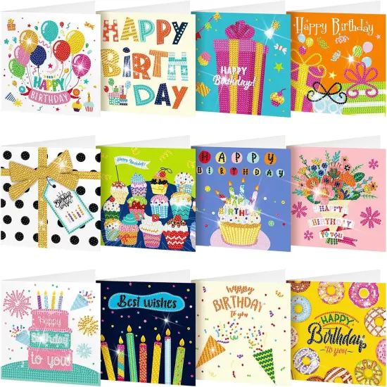 12 Pack Happy Birthday Diamond Painting Greeting Card Kits DIY Diamond Art Cards with Envelopes Birthday Cake 5d Rhinestones Painting Kits for Adults DIY Crafts Family Friend Birthday Gifts {1}