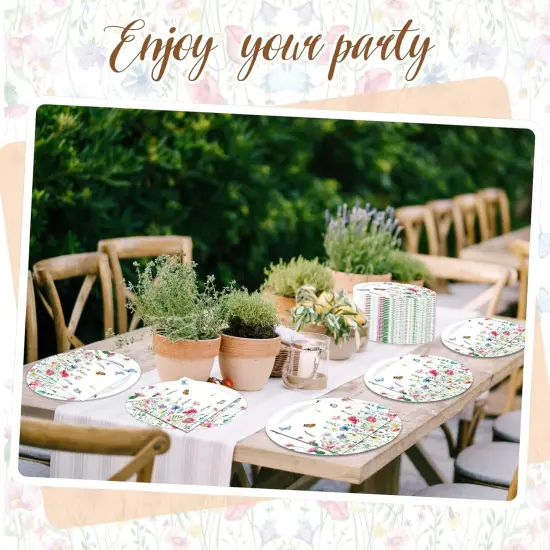 150 Pcs Floral Party Supplies, 50 Pcs Floral Paper Plates 11 Inch and 100 Pcs Wildflower Paper Napkins 13 Inch Butterfly Disposable Plates for Summer Tea Party {5}