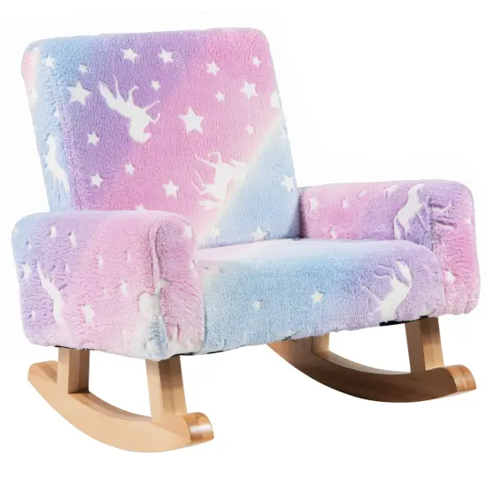 Flannel and Wood Kids Rocking Chair with Glow-in-the-Dark Design and Ergonomic Support Pink {2}
