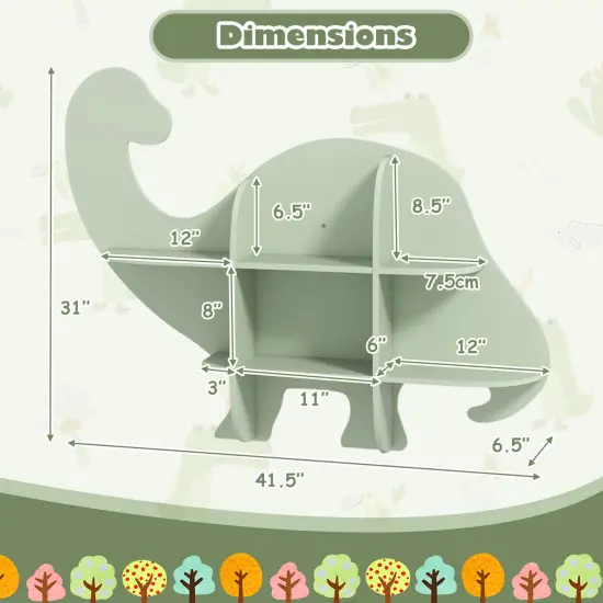 Green MDF Dinosaur Kids Bookshelf with Wall Mount, 2-Tier Storage and Safety Design {5}