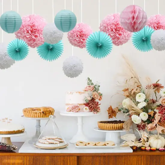 Teal Party Supplies for Bridal Baby Shower First Birthday Party Wedding Decorations (16pcs) Paper Honeycomb Ball Pom Poms Flowers Paper Lanterns Hanging Tissue Fan {4}