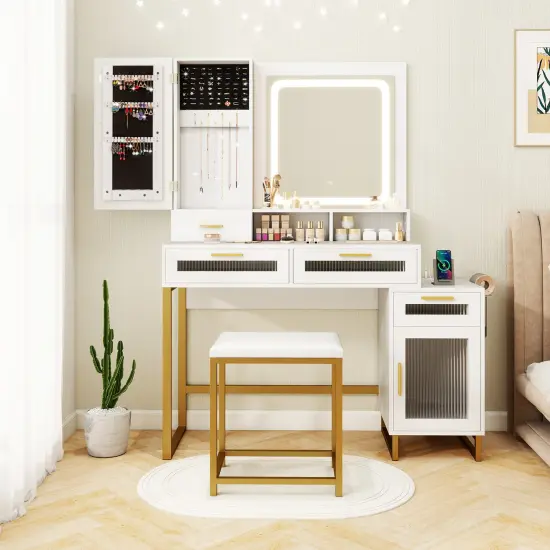 White & Gold Vanity Set with LED Mirror, Charging & Jewelry Cabinet {3}