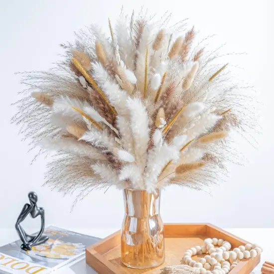 120PCS Natural Dried Pampas Grass Boho Home Decor Bouquet Phragmites Dried Flowers Bouquet for Wedding Floral Arrangements Home Decorations (120PCS) {1}