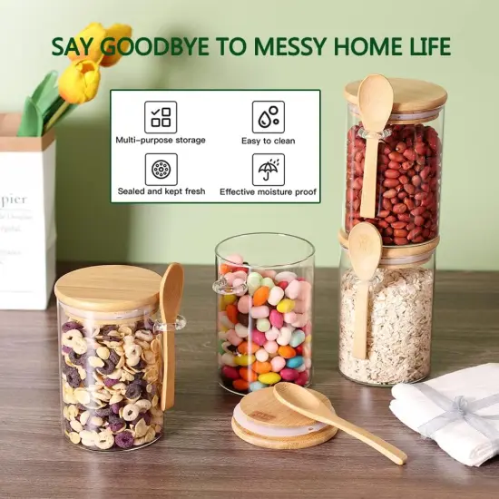 Glass Jars with Bamboo Lids and Wooden Spoons Set of 4, Coffee Tea Sugar Container Set for Loose Tea Canister Storage, Overnight Oats Containers with Scoop for Seasoning, Coffee, Yogurt {3}
