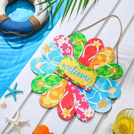 Summer Slippers Hanging Sign Flip Flop Shape Welcome Wooden Door Sign with Rope Rustic Wall Sign for Summer {2}