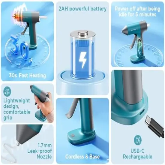 Cordless Hot Glue Gun, Rapid 30s Preheat, Mini glue gun and sticks set with 2000mAh Type-C Rechargeable, Smart Power Off, 20 Premium Glue Sticks, Ideal for DIY Crafts, Gift Making Blue {4}