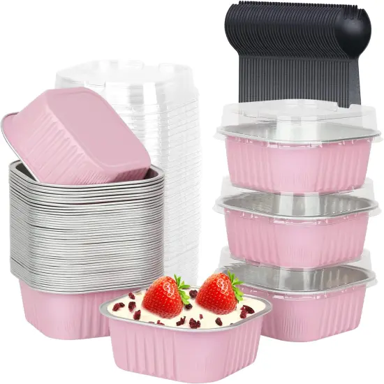 10oz Mini Cake Pans With Lids 40 Pack,LNYZQUS Aluminum Foil Square Brownie Baking Cups,Disposable 4&rdquo;x4&rdquo; Large Cupcake Pan,Jumbo Muffin Tin Ramekins Holders-Pink {1}